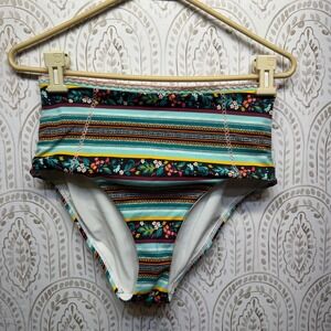 Loft Beach Womens High Waisted Bikini Bottoms Boho Floral Striped Teal Size M